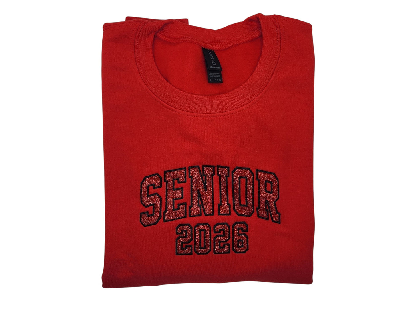 SENIOR 2026 Embroidered Glitter Applique Fleece Crew Sweatshirt - Red/Black