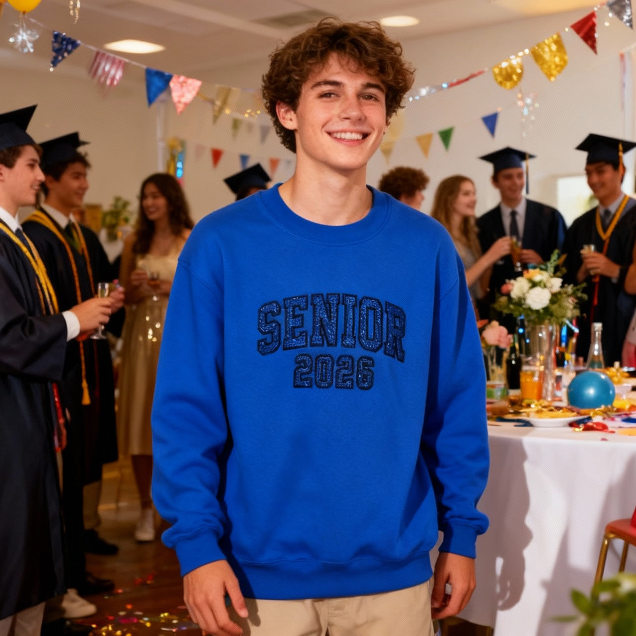 SENIOR 2026 Embroidered Glitter Applique Fleece Crew Sweatshirt - Royal/Black