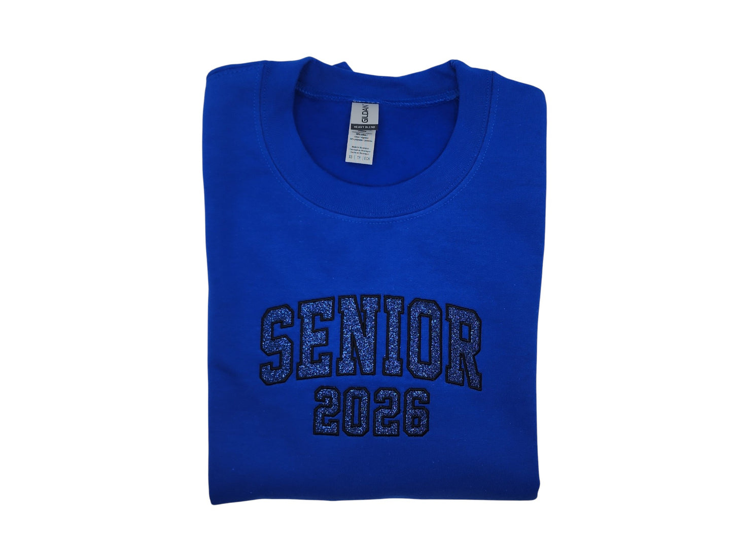 SENIOR 2026 Embroidered Glitter Applique Fleece Crew Sweatshirt - Royal/Black