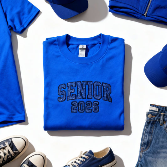 SENIOR 2026 Embroidered Glitter Applique Fleece Crew Sweatshirt - Royal/Black