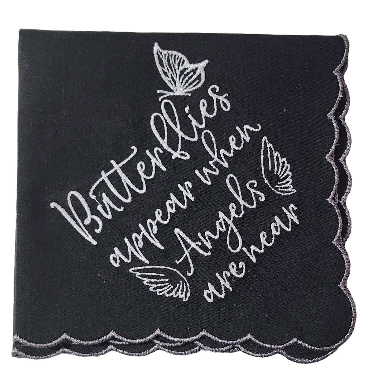 Embroidered Scalloped Bereavement Handkerchief - Black/Butterflies