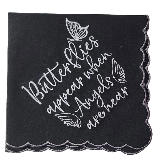 Embroidered Scalloped Bereavement Handkerchief - Black/Butterflies