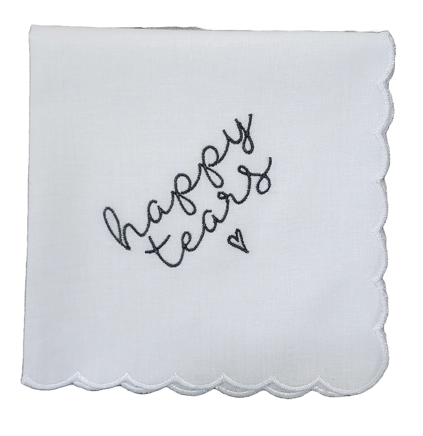 HAPPY TEARS Embroidered Square Scalloped Edge Handkerchief - Black