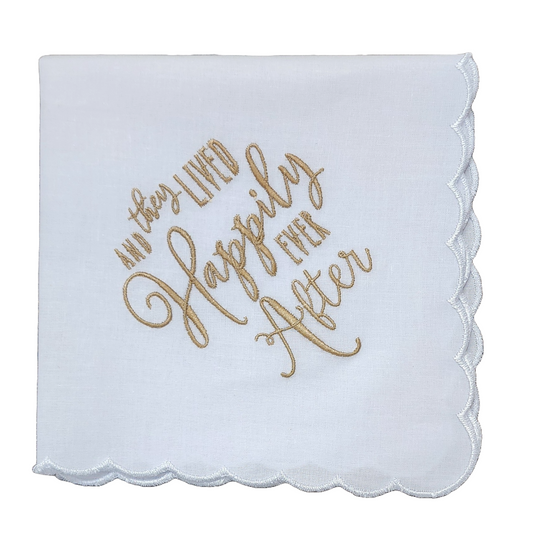 HAPPILY EVER AFTER Embroidered Square Scalloped Edge Handkerchief - Gold