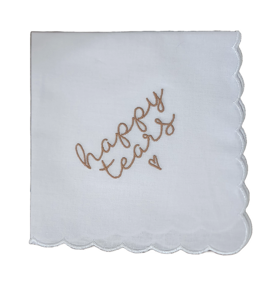 HAPPY TEARS Embroidered Square Scalloped Edge Handkerchief - Matte Mocha