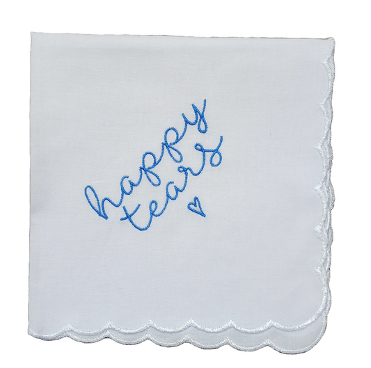 HAPPY TEARS Embroidered Square Scalloped Edge Handkerchief - Sapphire Blue