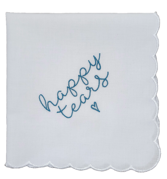 HAPPY TEARS Embroidered Square Scalloped Edge Handkerchief - Peacock Blue