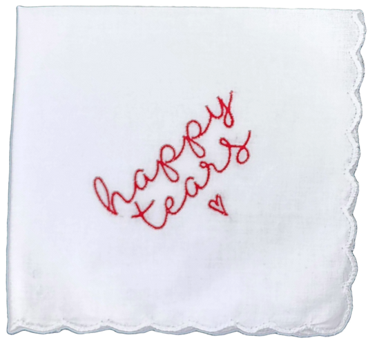 HAPPY TEARS Embroidered Square Scalloped Edge Handkerchief - Red