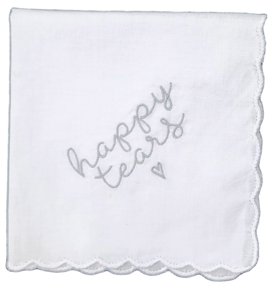 HAPPY TEARS Embroidered Square Scalloped Edge Handkerchief - Silver