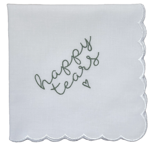 HAPPY TEARS Embroidered Square Scalloped Edge Handkerchief - Olive Green Matte