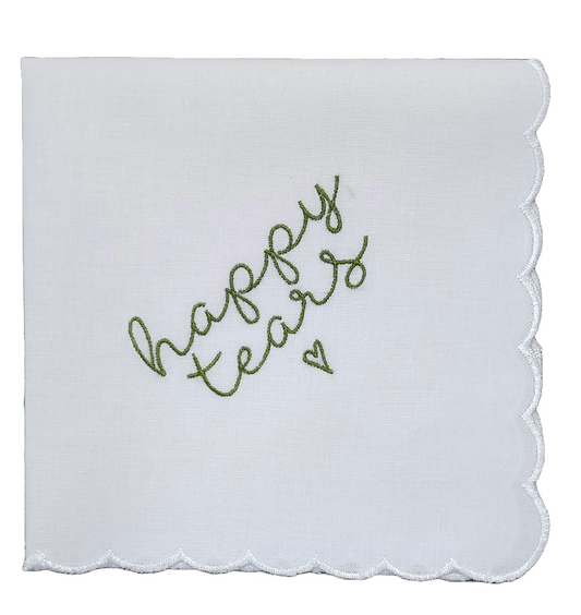 HAPPY TEARS Embroidered Square Scalloped Edge Handkerchief - Pea Green