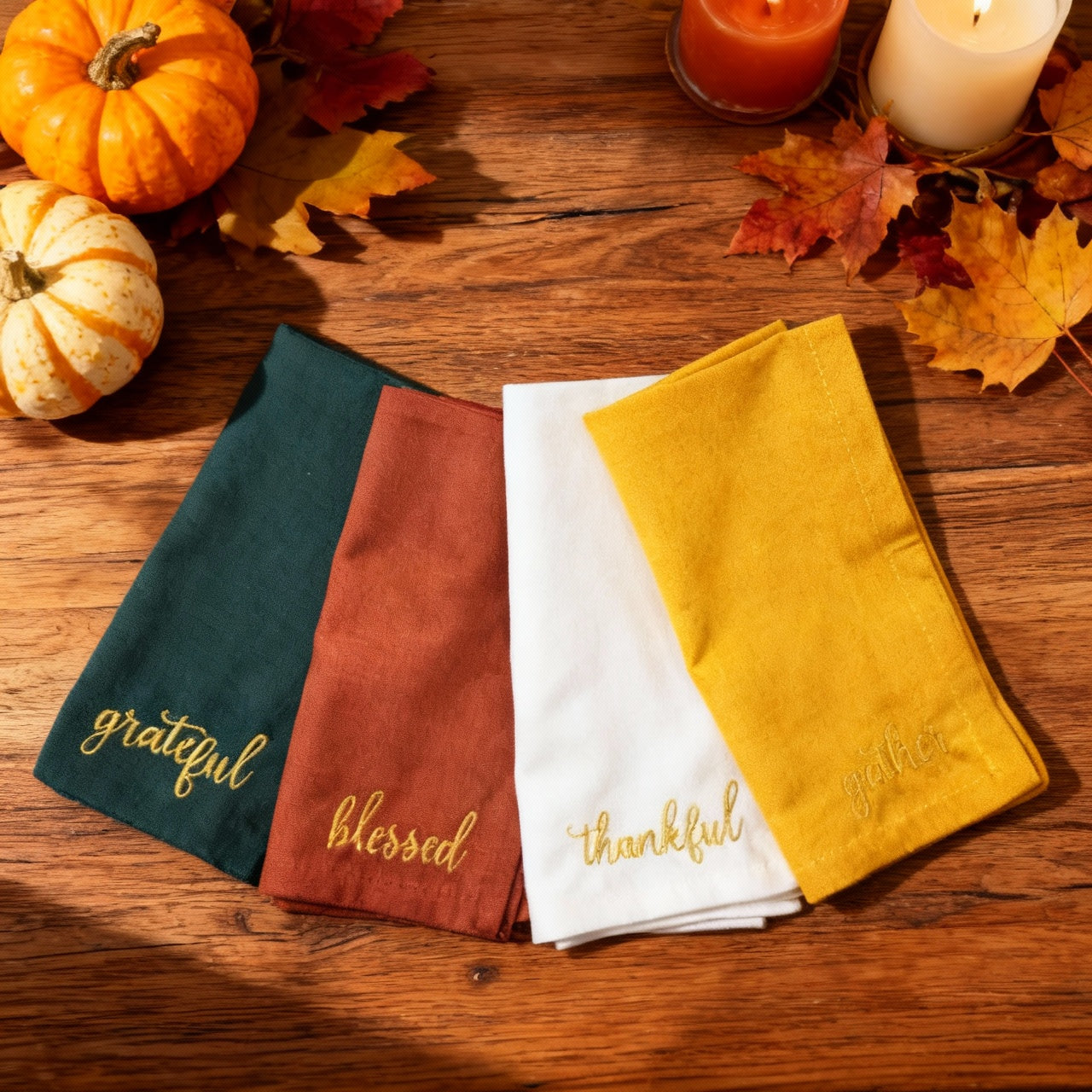 Thanksgiving Sentiments Embroidered Cotton 18x18 inch Dinner Napkins
