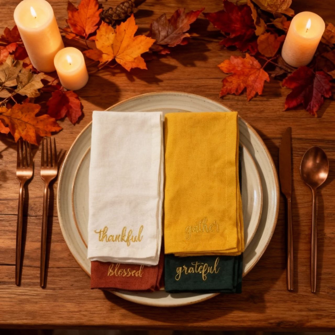 Thanksgiving Sentiments Embroidered Cotton 18x18 inch Dinner Napkins