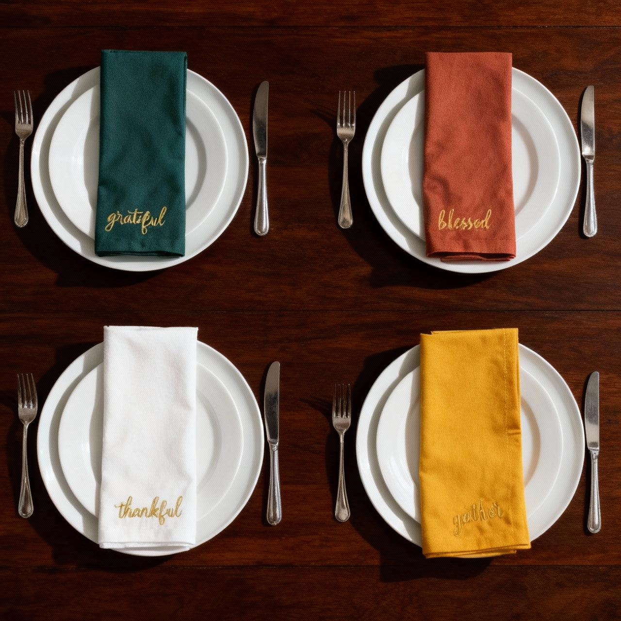 Thanksgiving Sentiments Embroidered Cotton 18x18 inch Dinner Napkins