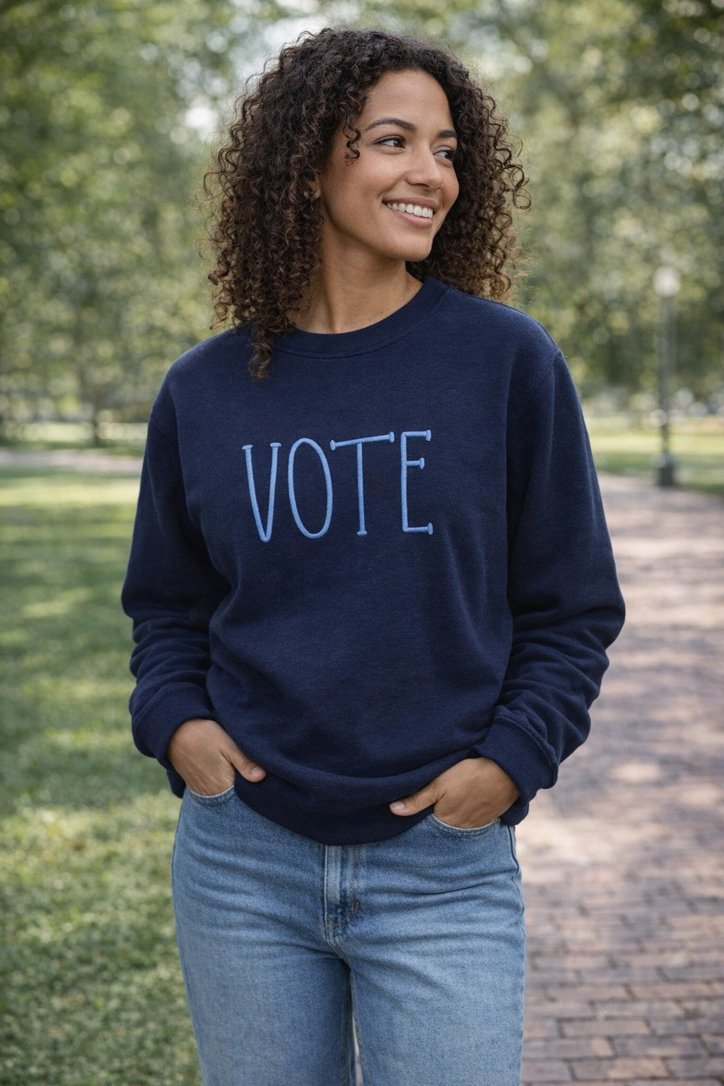 VOTE Embroidered Glitter Puff Fleece Crew Sweatshirt