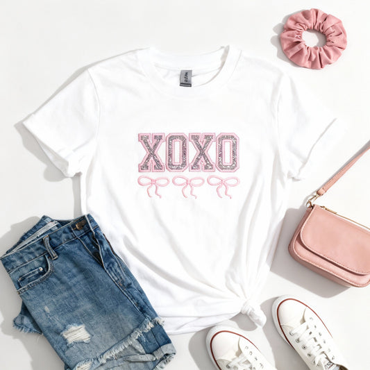 Valentines XOXO Coquette Bows Embroidered Glitter Applique Tee Shirt - Cloud/Confetti