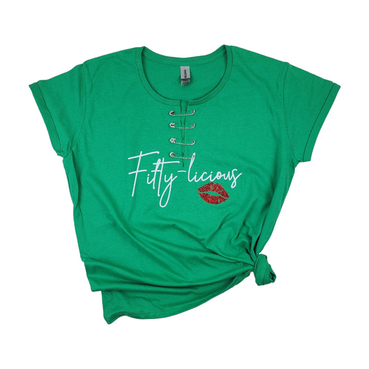 Ladies Short Sleeve Crew Neck "Fifty-Licious" 50th Birthday Tee Shirt