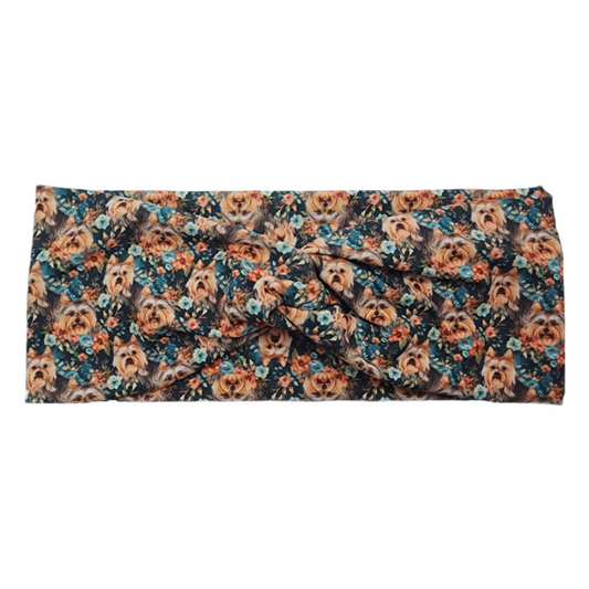 Yorkie Ditzy Floral Twist Knot Fashion Headband - Black/Lt Blue