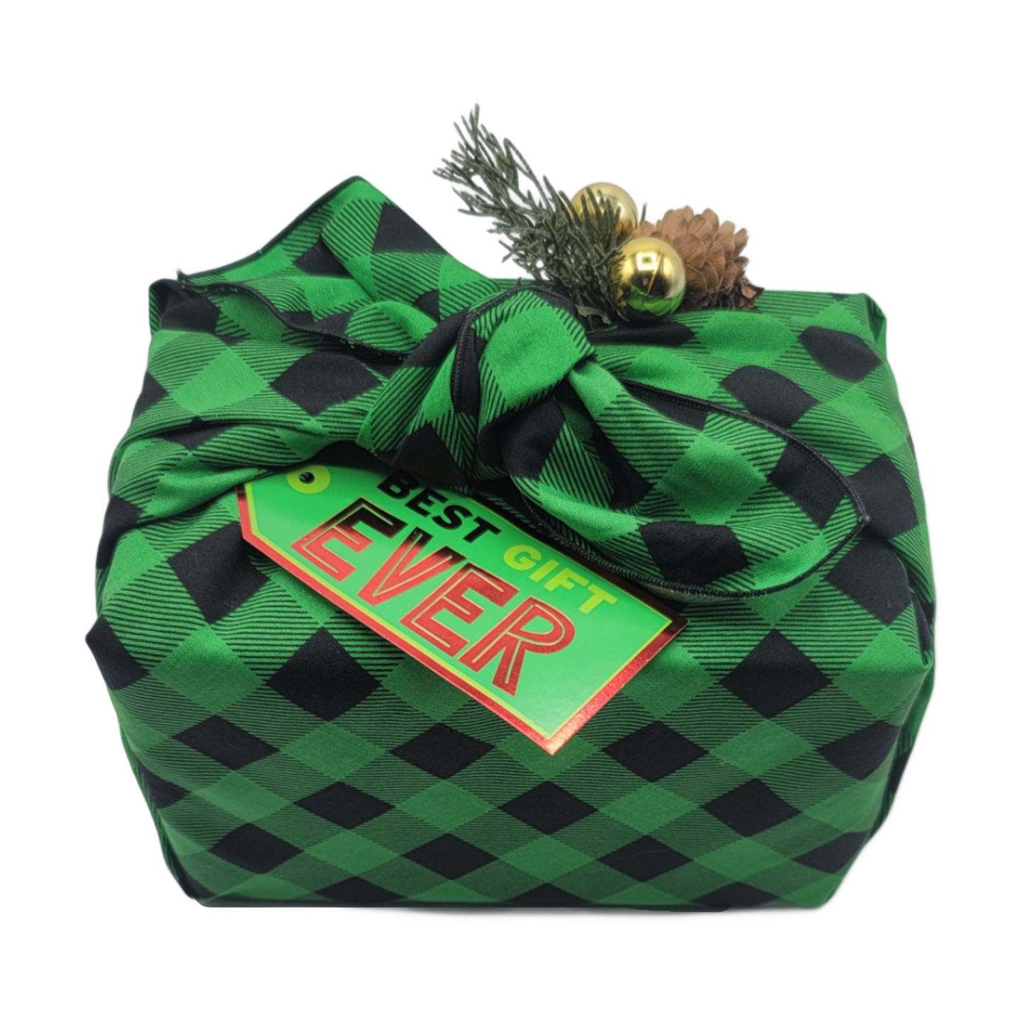 Furoshiki 3 pc Fabric Gift Wrap Kit - Holiday/Green and Black Buffalo Plaid