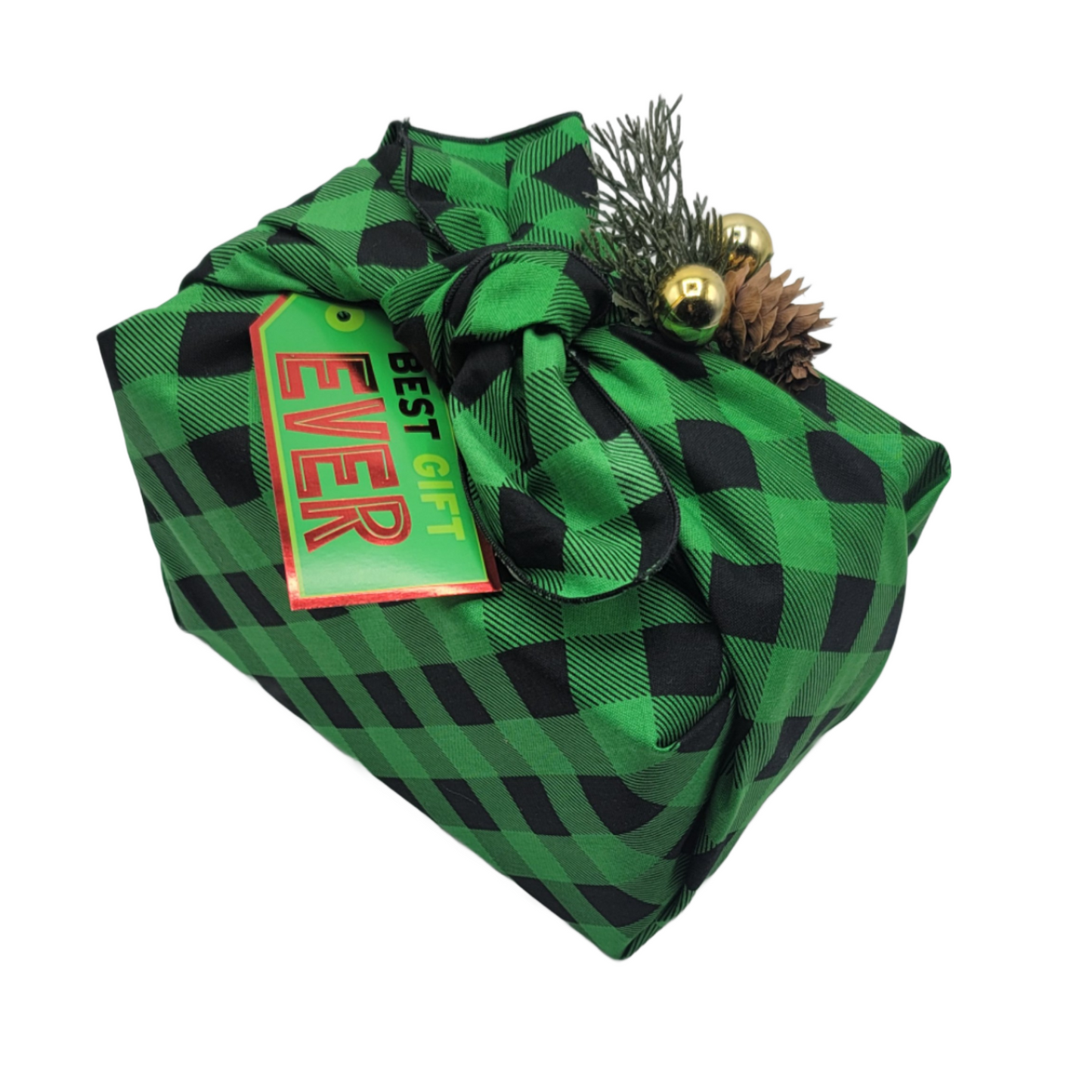 Furoshiki 3 pc Fabric Gift Wrap Kit - Holiday/Green and Black Buffalo Plaid