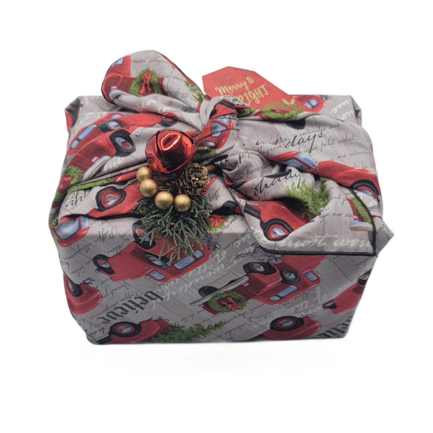 Furoshiki 3 pc Fabric Gift Wrap Kit - Holiday/Greyhounds & Red Trucks