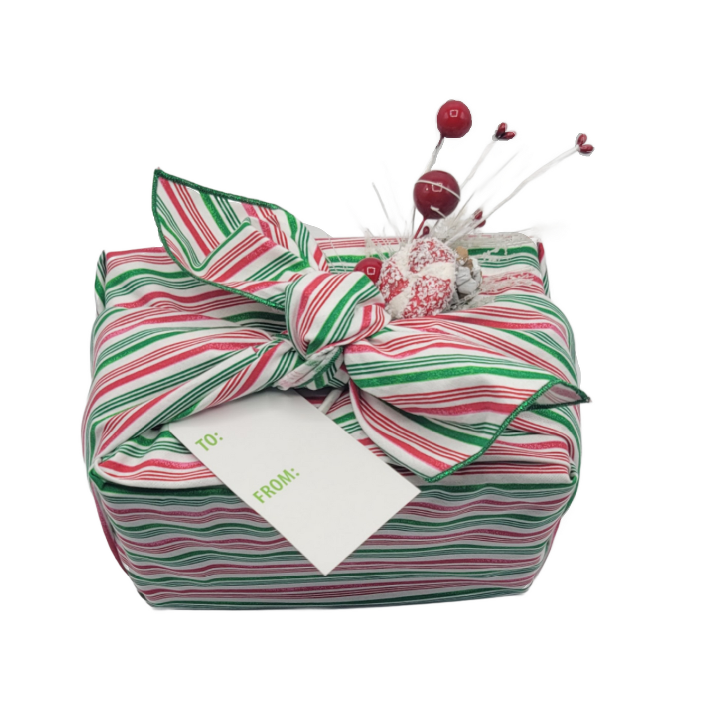 Furoshiki 3 pc Fabric Gift Wrap Kit - Holiday/Red Green and White Stripe