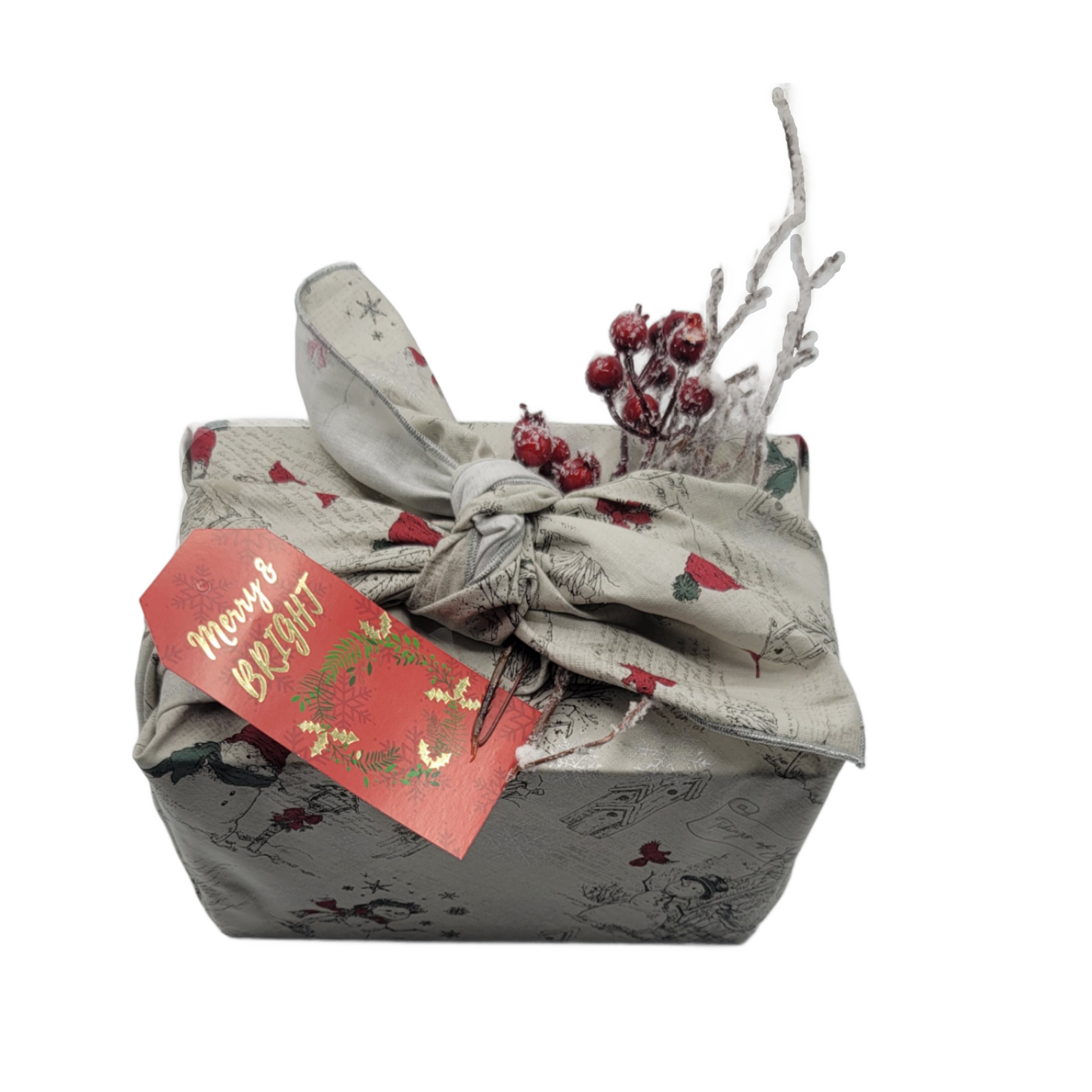 Furoshiki 3 pc Fabric Gift Wrap Kit - Holiday/Snowman Grey Metallic