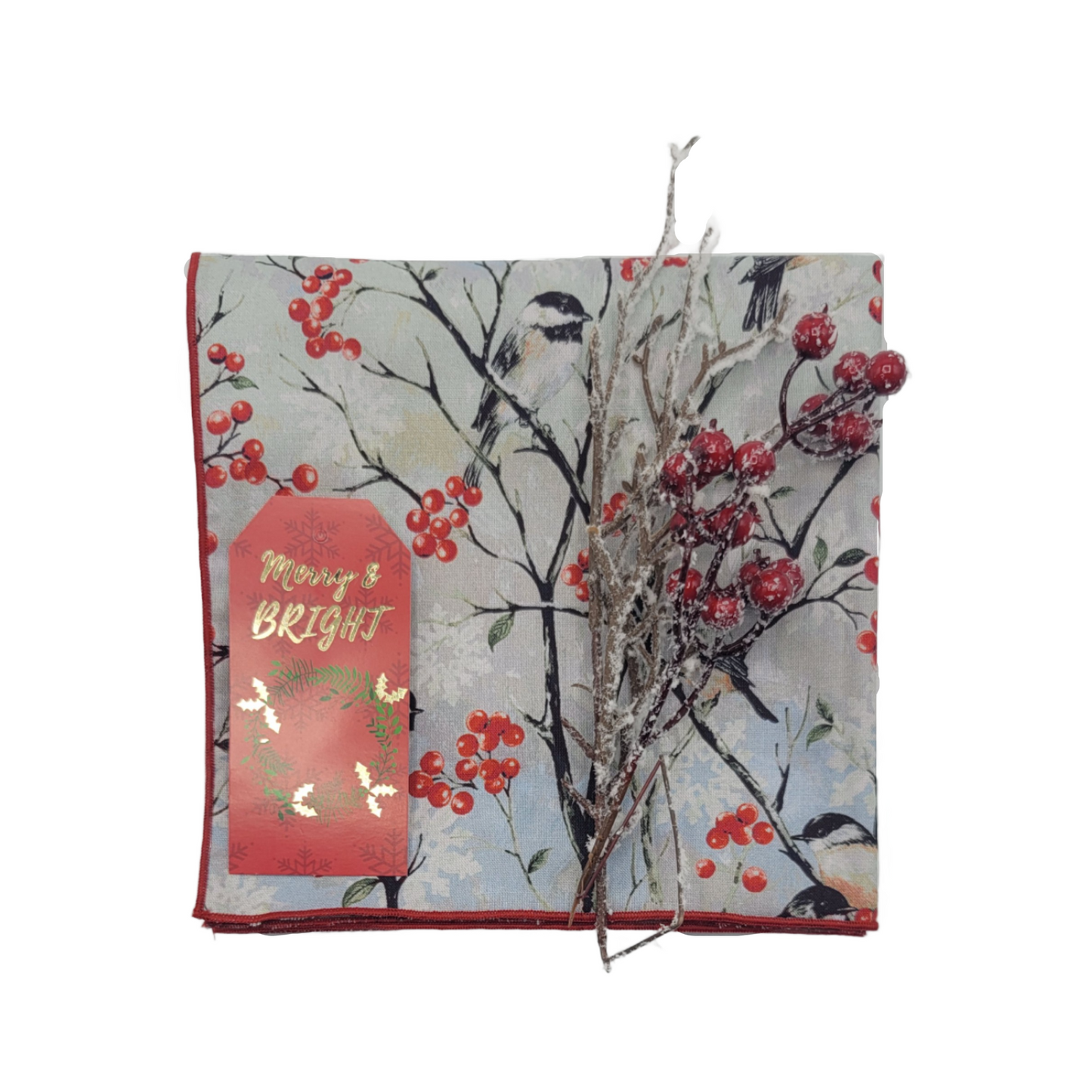 Furoshiki 3 pc Fabric Gift Wrap Kit - Holiday/Winter Berries & Chickadees