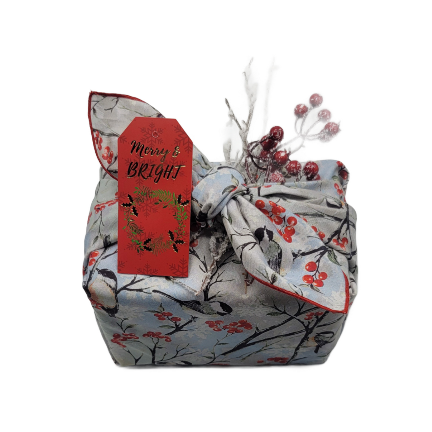 Furoshiki 3 pc Fabric Gift Wrap Kit - Holiday/Winter Berries & Chickadees