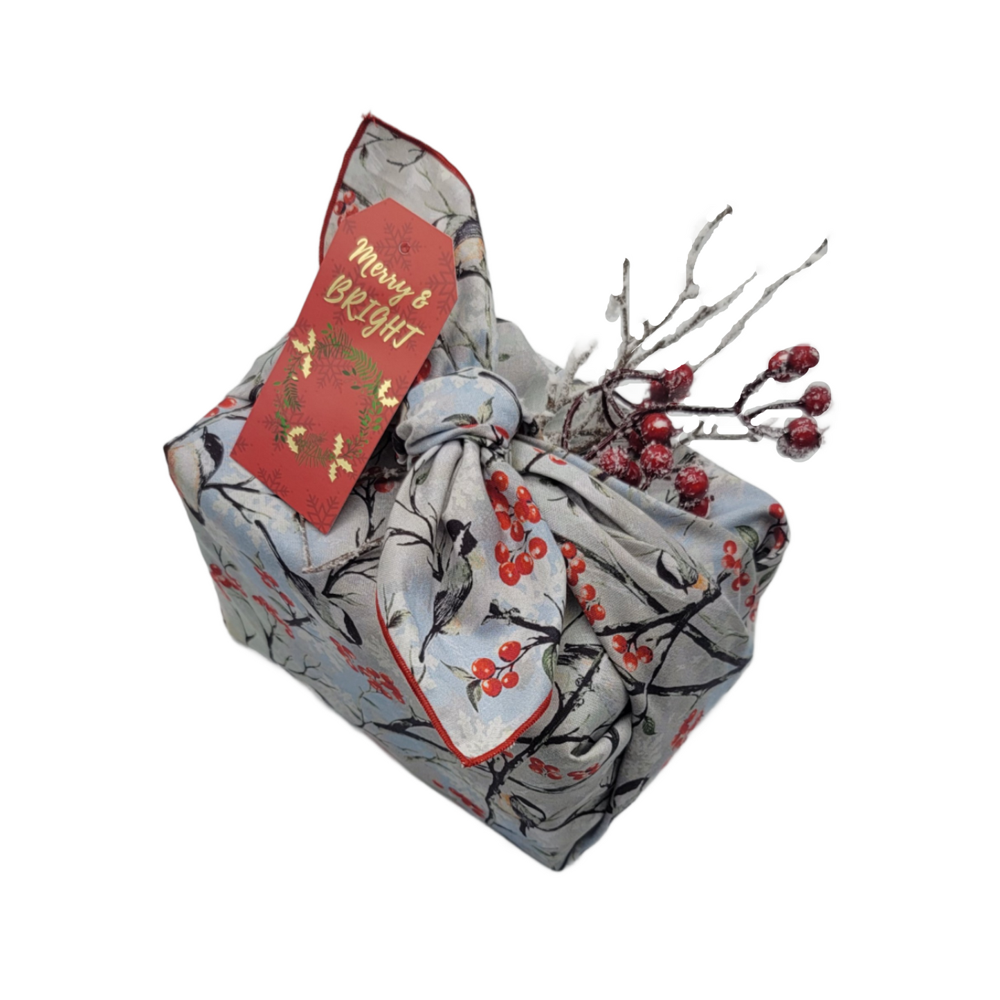 Furoshiki 3 pc Fabric Gift Wrap Kit - Holiday/Winter Berries & Chickadees