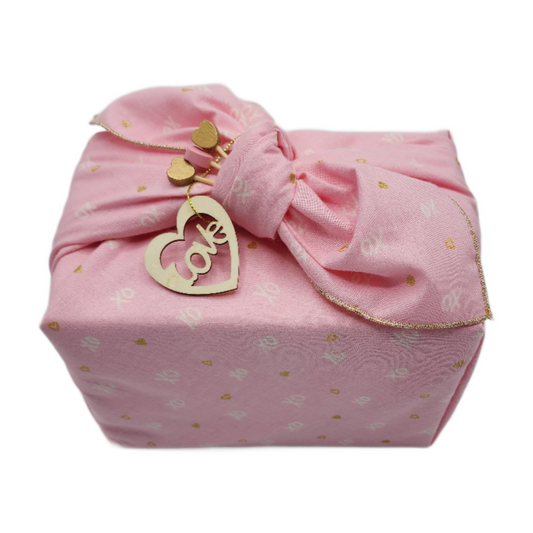 Furoshiki 3 pc Fabric Gift Wrap Kit - Valentine/Gold Hearts on Pink