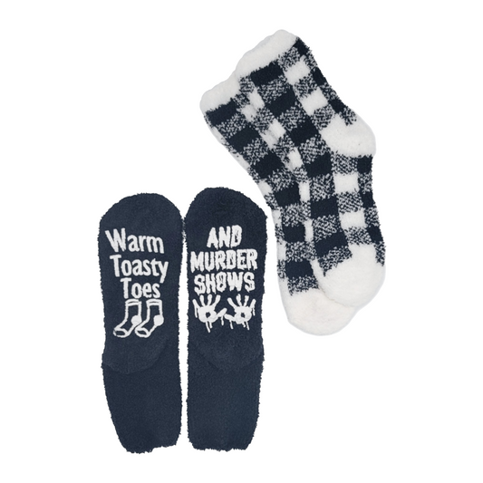 2 pair Fuzzy Socks with Puffy Design - Black/White Buffalo Plaid - Warm Toasty Toes and Murder Shows