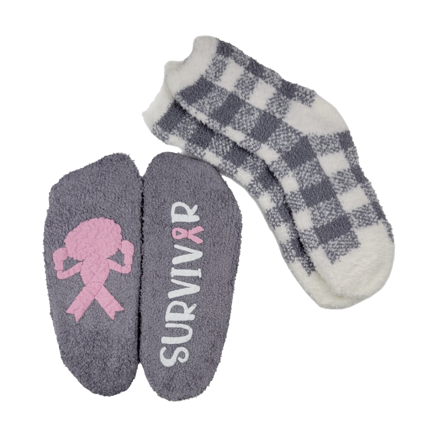 2 pair Fuzzy Socks with Puffy Design - Afro Survivor Breast Cancer - Dk Grey Buffalo Plaid