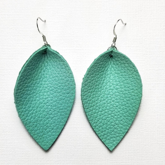 Genuine Leather Pinched Leaf Earrings - Large - Mint Green