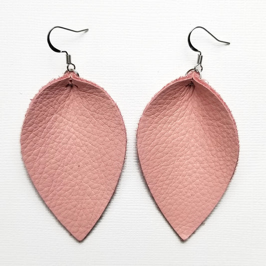 Genuine Leather Pinched Leaf Earrings - Large - Soft Pink
