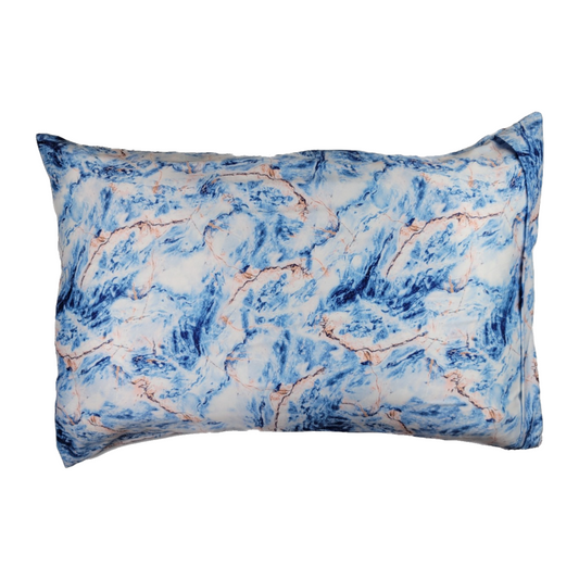 Luxe Satin Zippered Pillowcase - Blue/White Marble Patina
