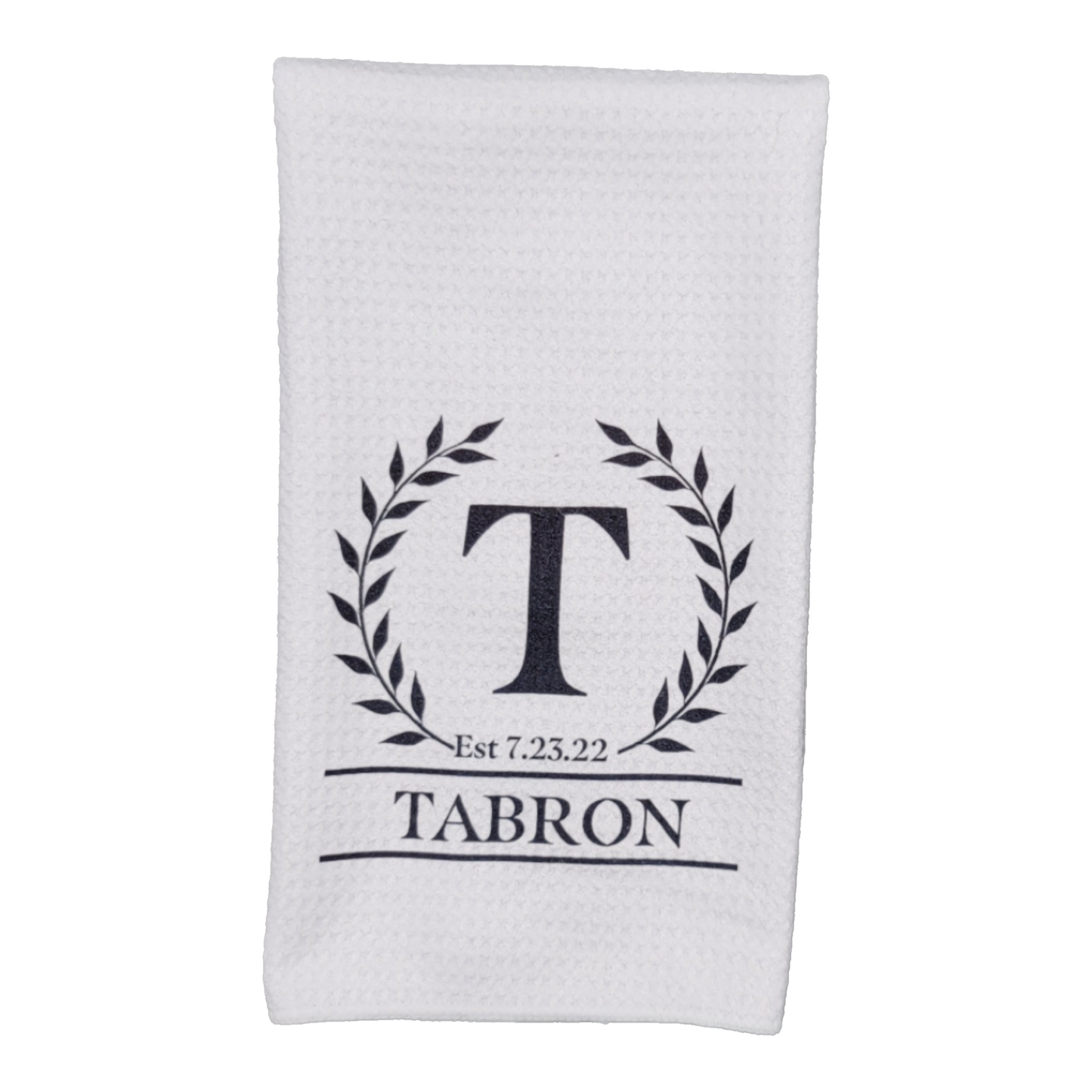 PERSONALIZED Waffle Kitchen Towel - Laurel Wreath w/Monogram, Name and Date