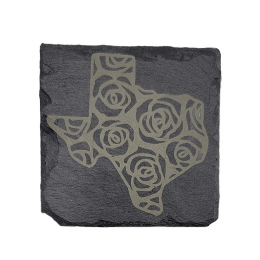 Square Laser Etched Slate Coaster - Texas Rose